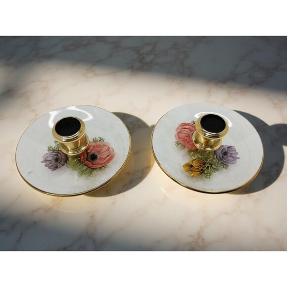 Vintage Chance Glass Candlestick Holder Set with Poppy Flowers and Gold Rim 5" d - Picture 3 of 8